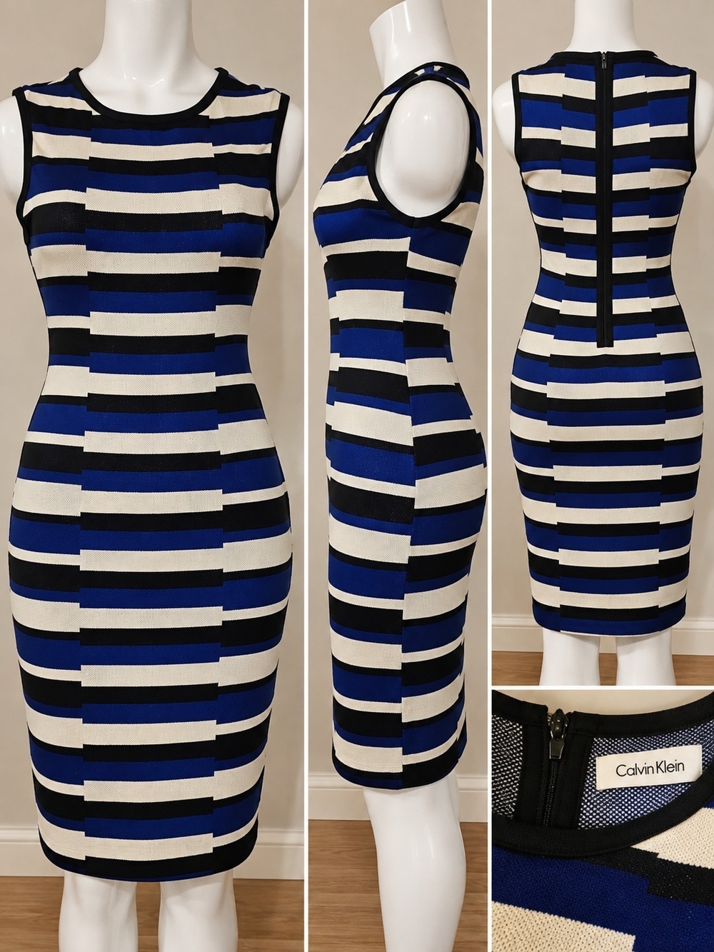 Calvin Klein Black, Blue & White Striped Sheath Dress